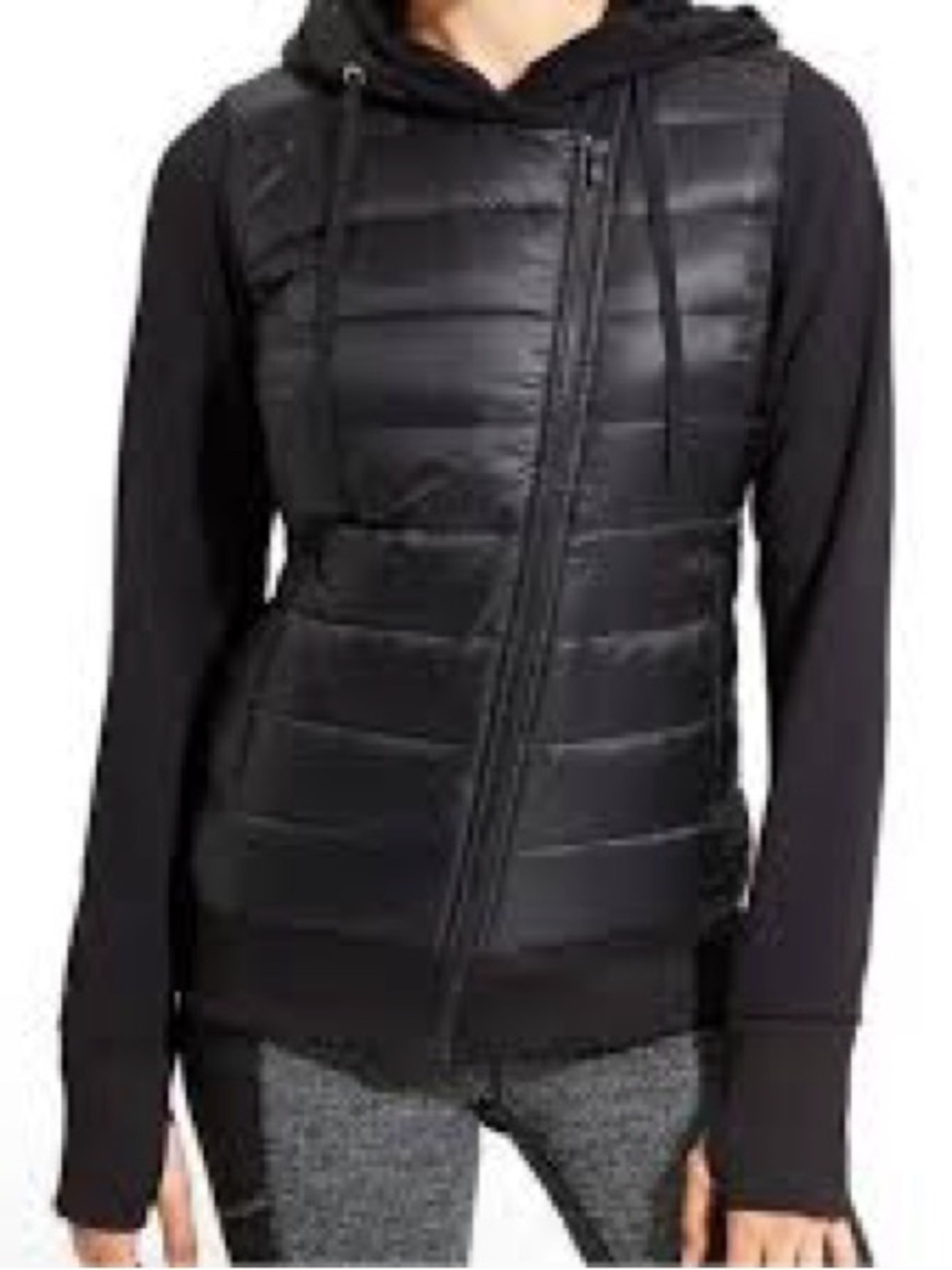 Athleta Black Down to Town Hybrid Hooded Puffer Sweatshirt Jacket Size 8